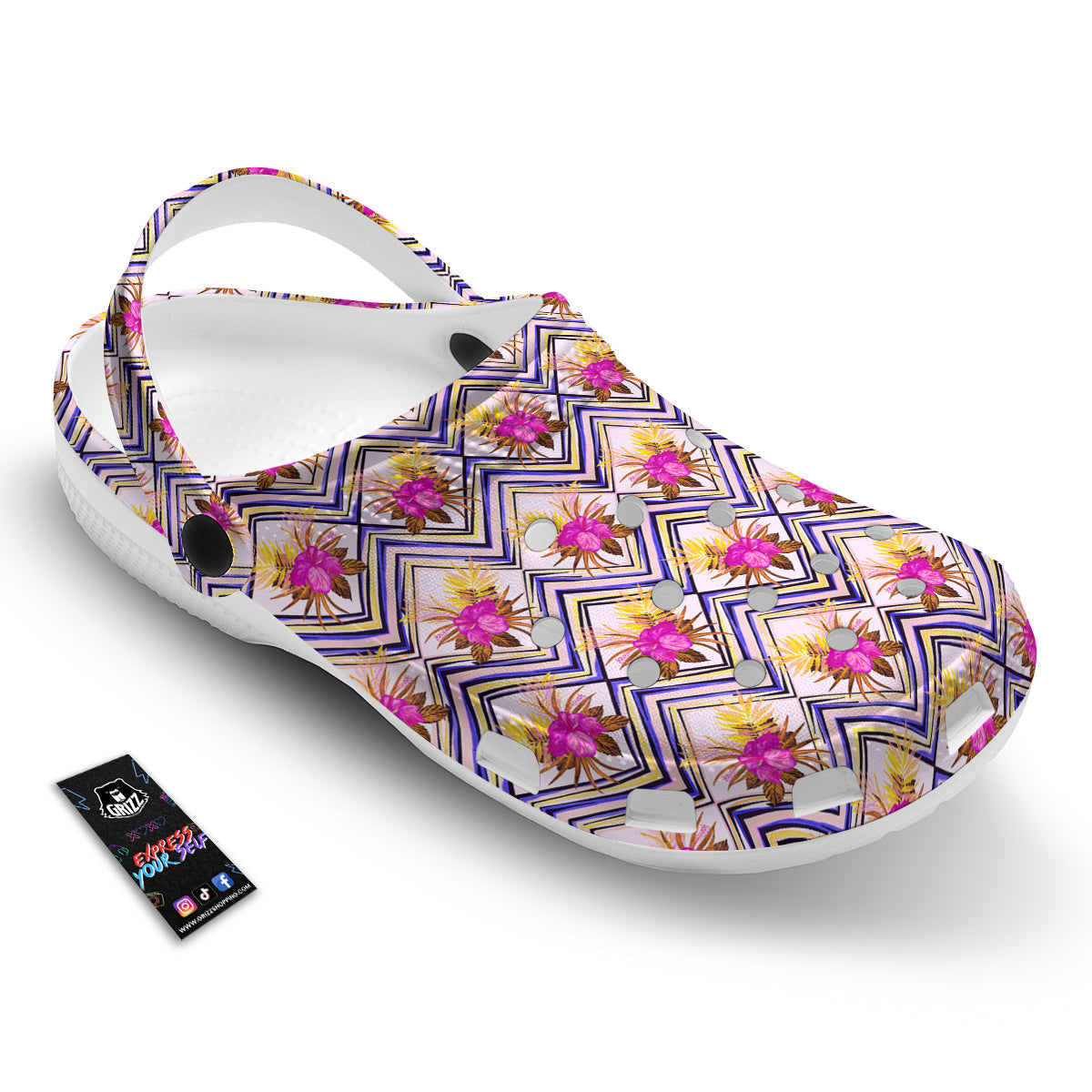 Watercolor Tropical Flower Zigzag Print Pattern Clog-grizzshop