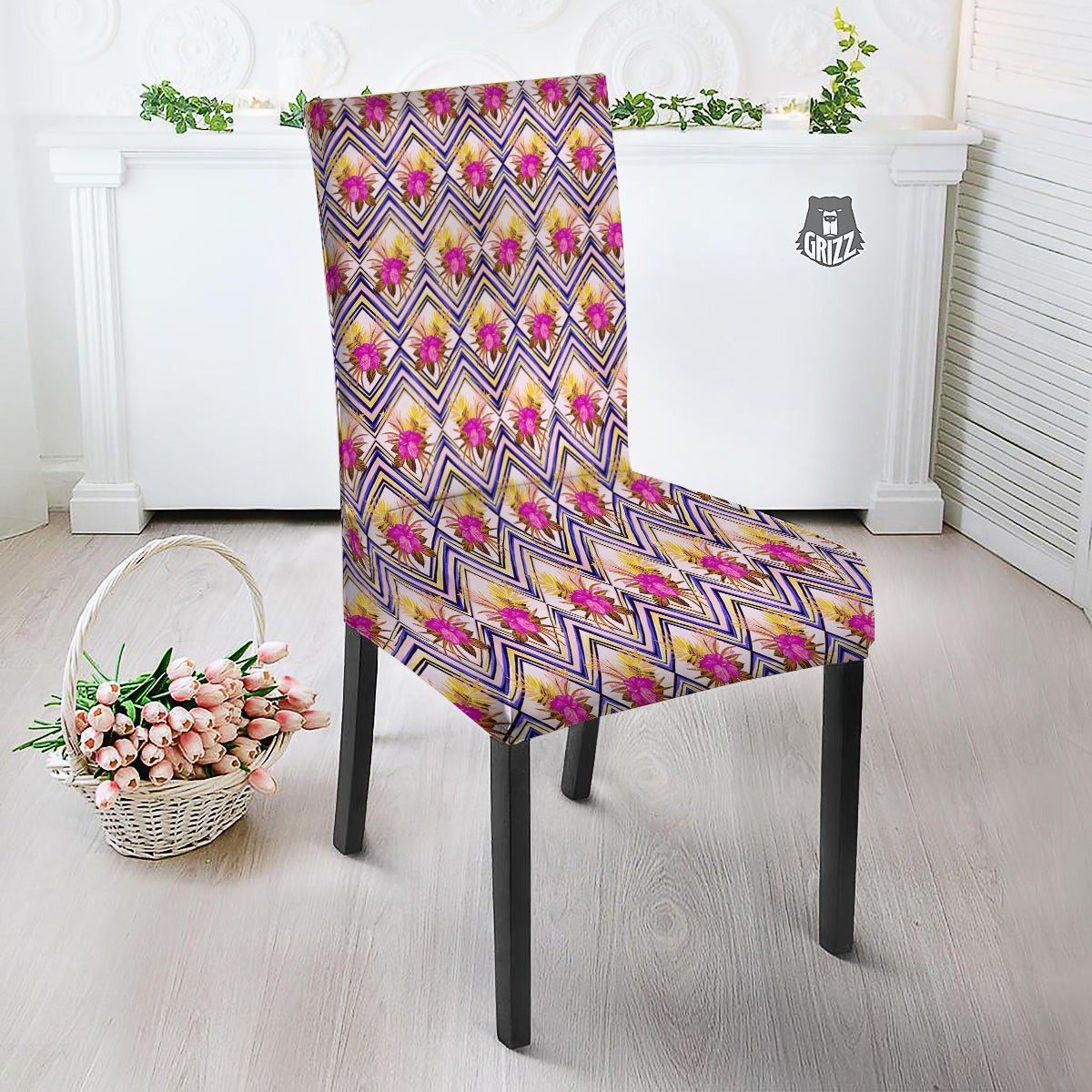 Watercolor Tropical Flower Zigzag Print Pattern Dining Chair Slipcover-grizzshop