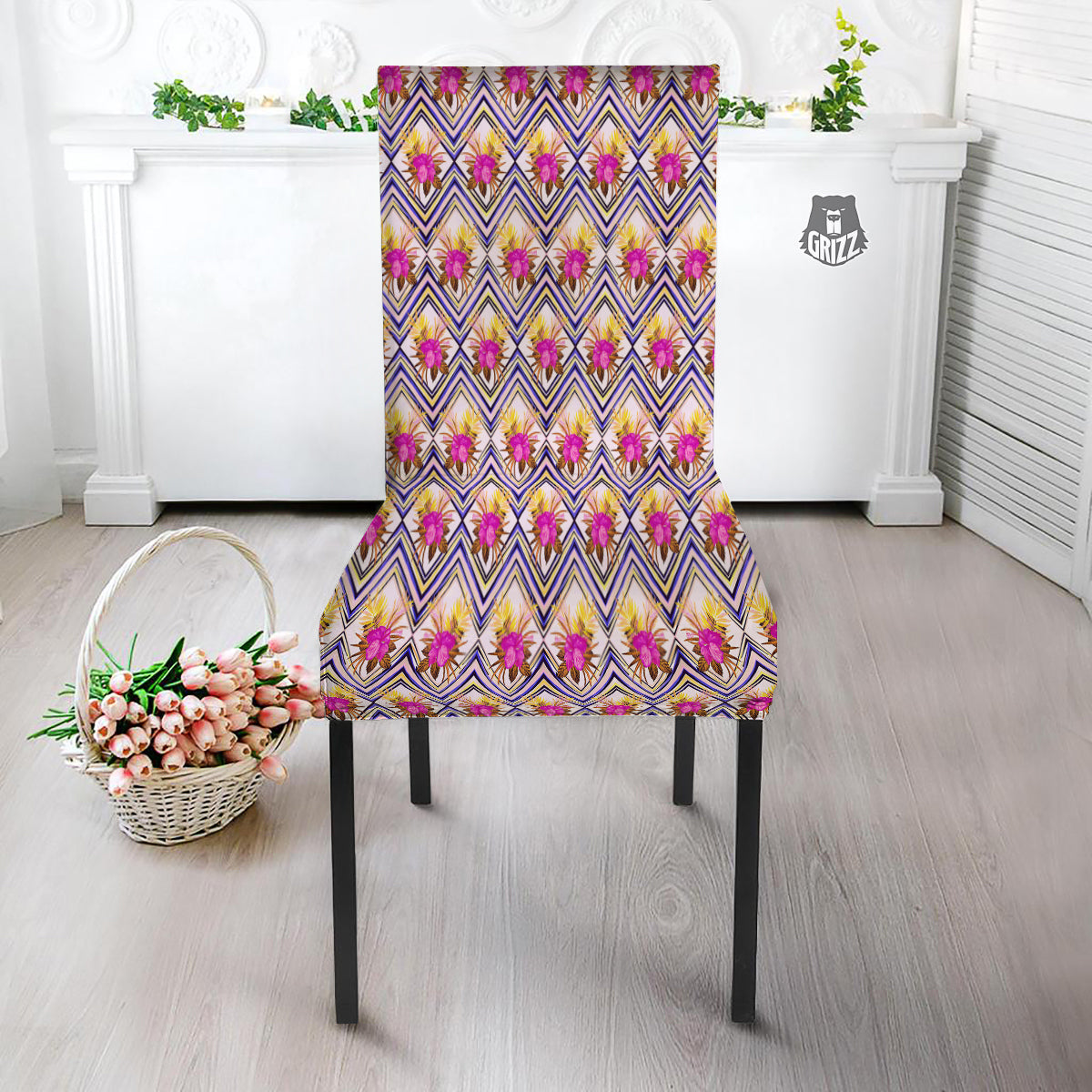 Watercolor Tropical Flower Zigzag Print Pattern Dining Chair Slipcover-grizzshop