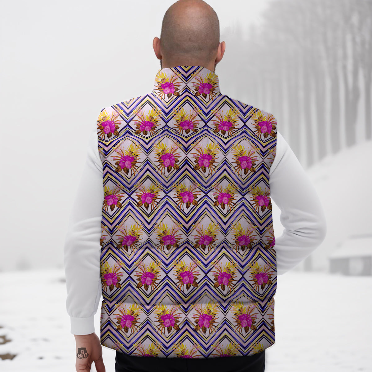 Watercolor Tropical Flower Zigzag Print Pattern Down Vest-grizzshop