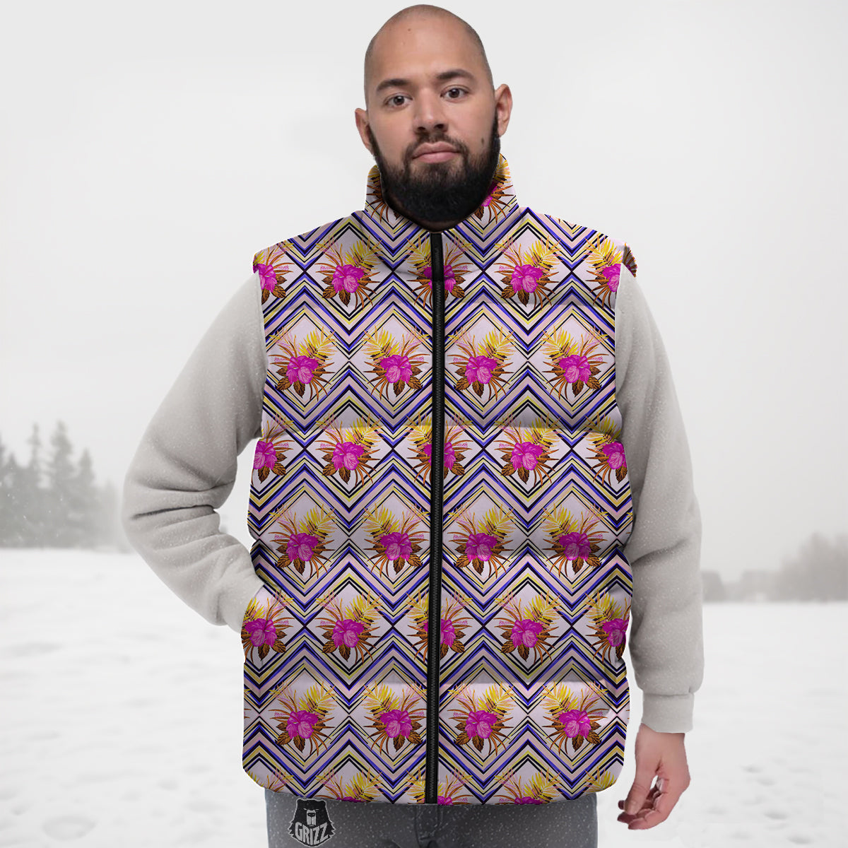 Watercolor Tropical Flower Zigzag Print Pattern Down Vest-grizzshop