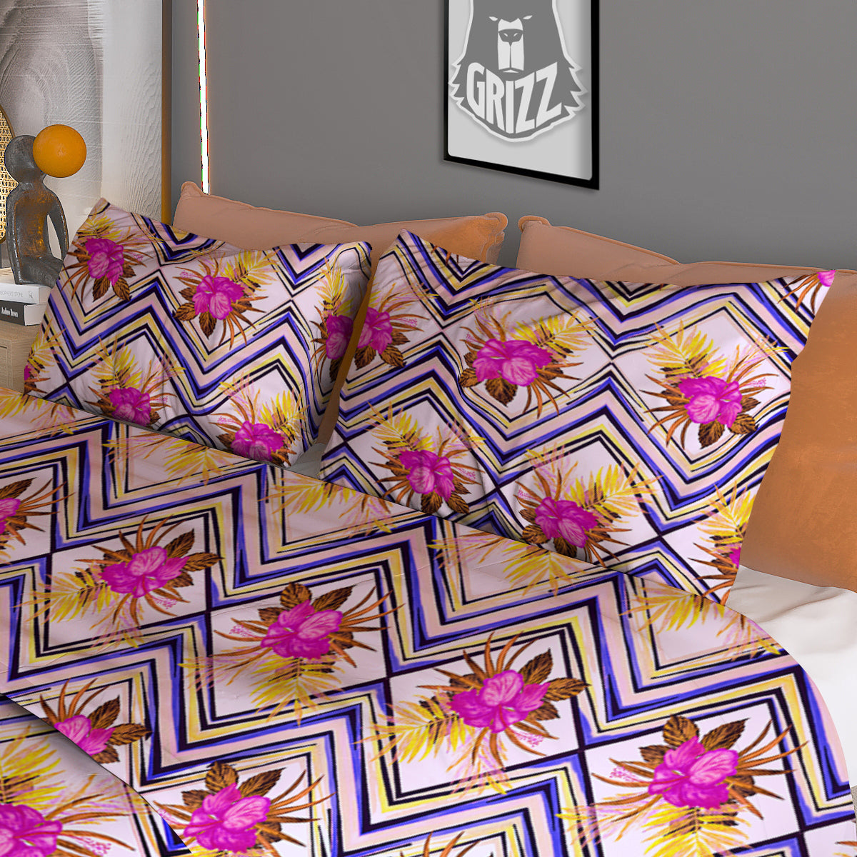 Watercolor Tropical Flower Zigzag Print Pattern Duvet Cover Bedding Set-grizzshop