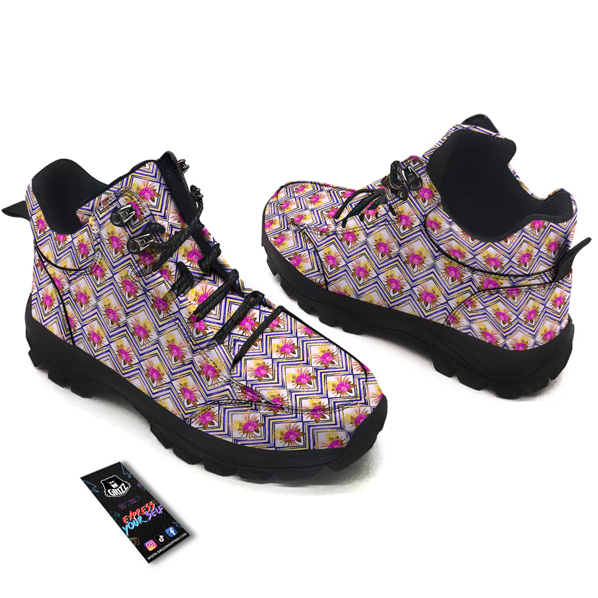 Watercolor Tropical Flower Zigzag Print Pattern Hiking Shoes-grizzshop