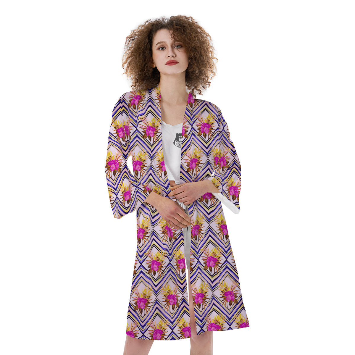 Watercolor Tropical Flower Zigzag Print Pattern Kimono-grizzshop
