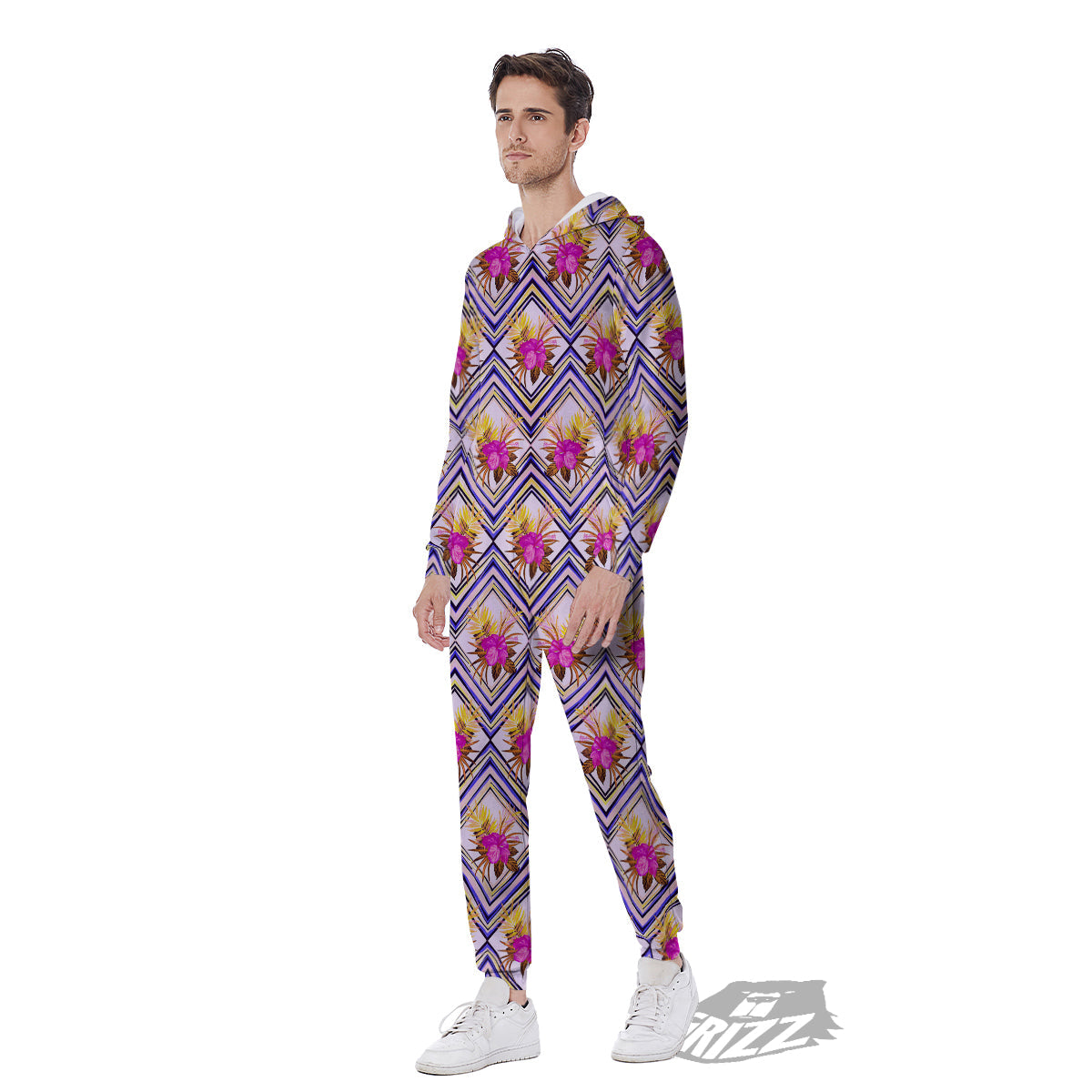 Watercolor Tropical Flower Zigzag Print Pattern Men's Jumpsuit-grizzshop