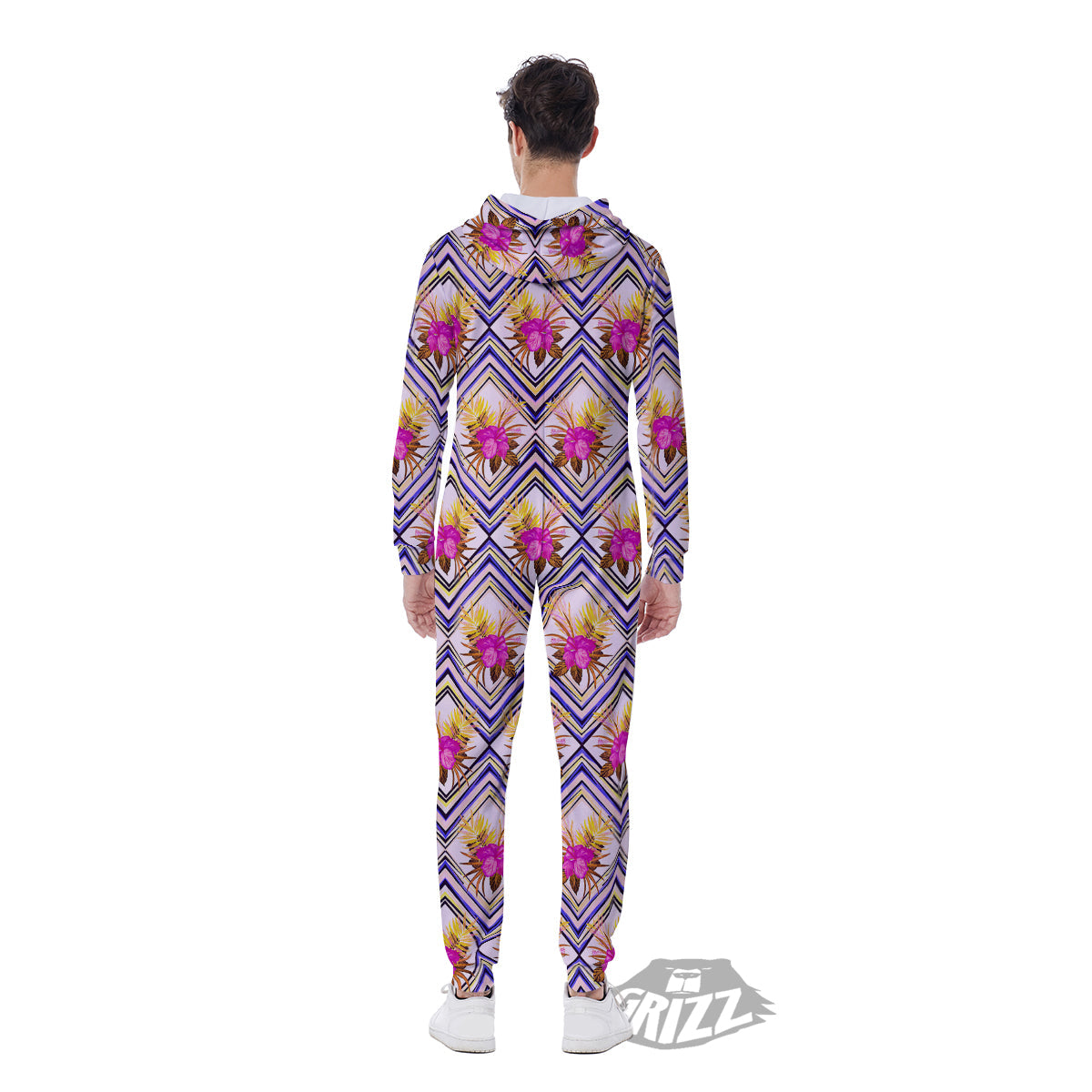 Watercolor Tropical Flower Zigzag Print Pattern Men's Jumpsuit-grizzshop