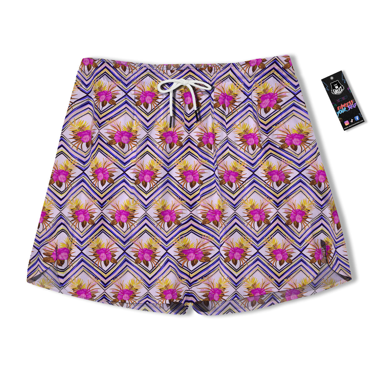 Watercolor Tropical Flower Zigzag Print Pattern Men's Running Shorts-grizzshop