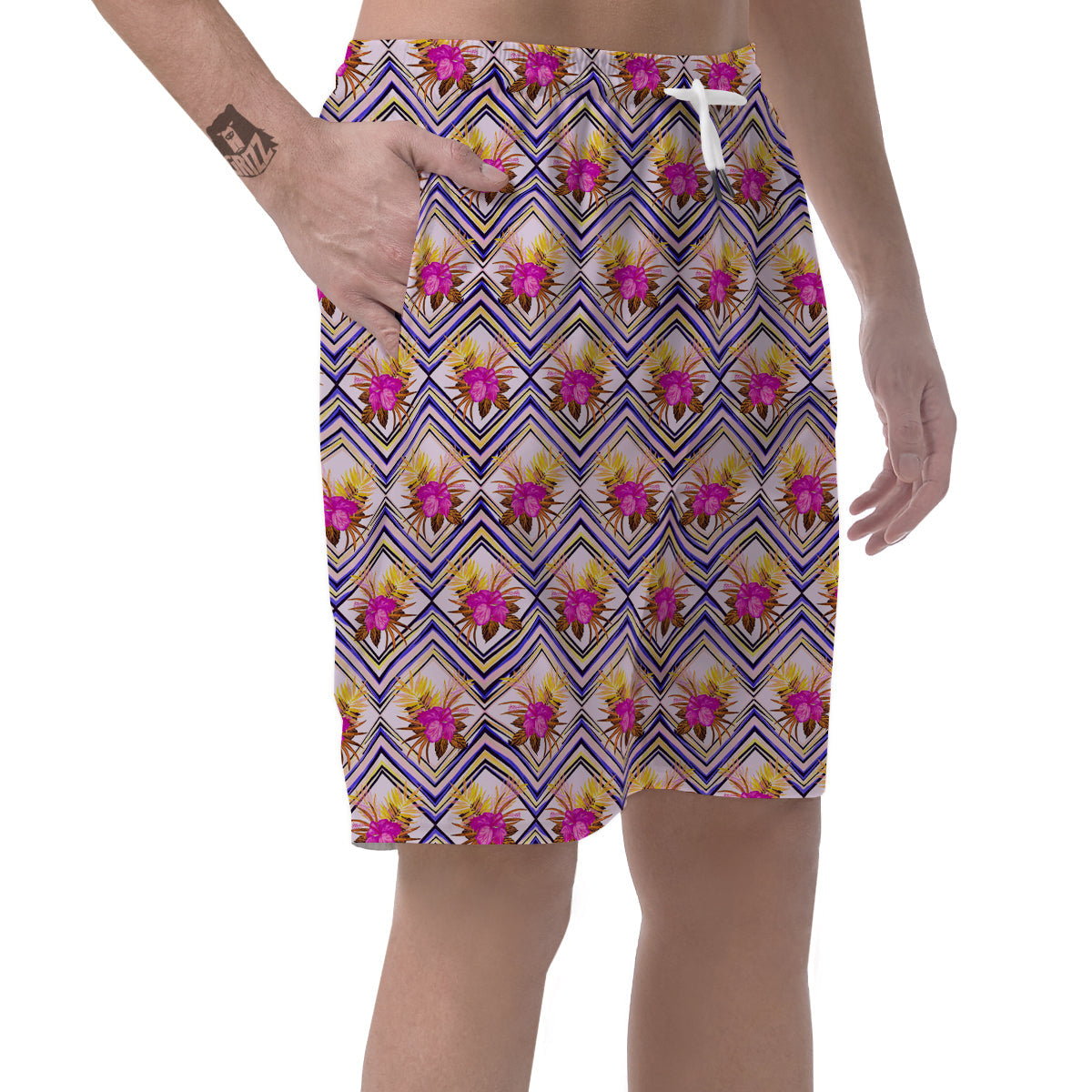 Watercolor Tropical Flower Zigzag Print Pattern Men's Shorts-grizzshop