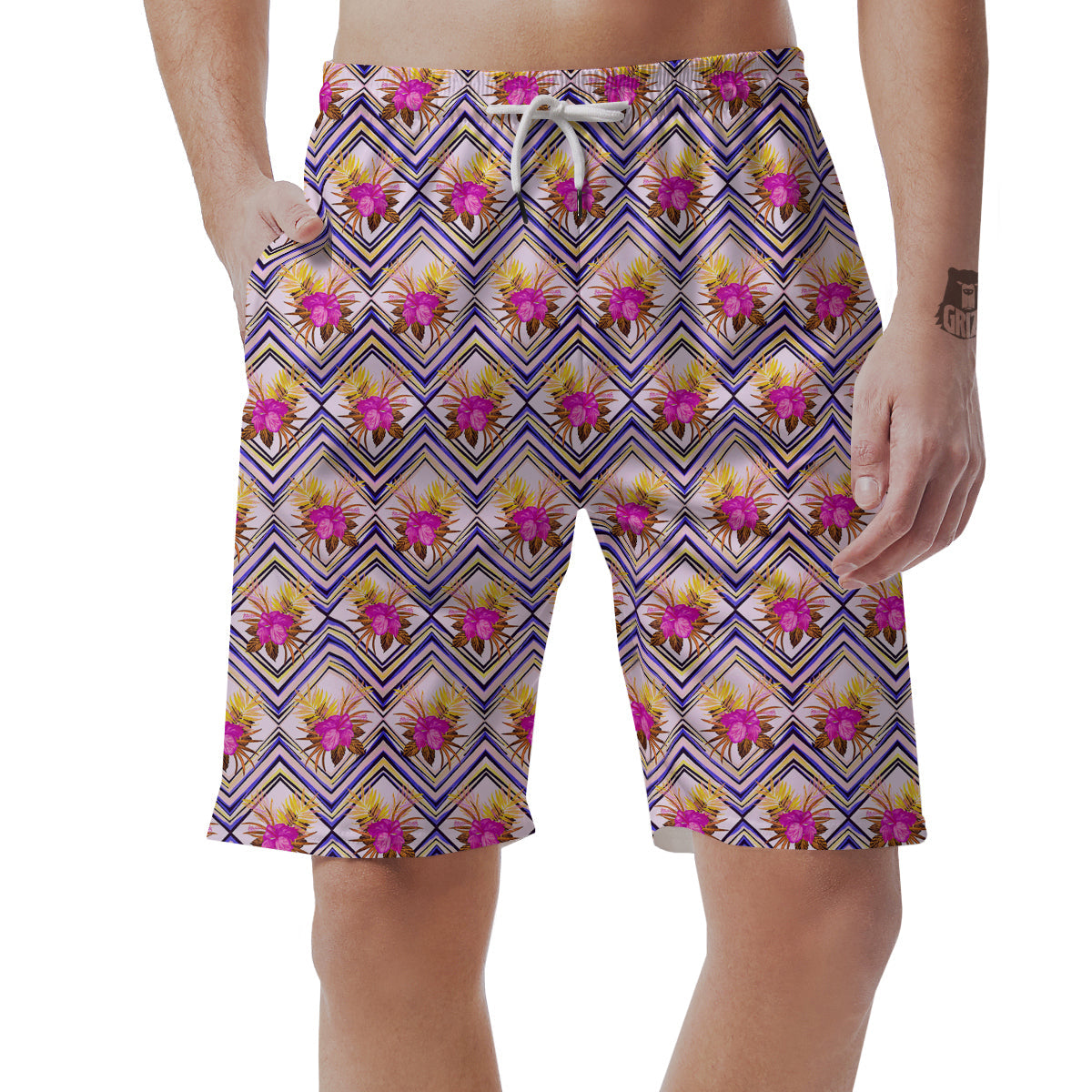 Watercolor Tropical Flower Zigzag Print Pattern Men's Shorts-grizzshop