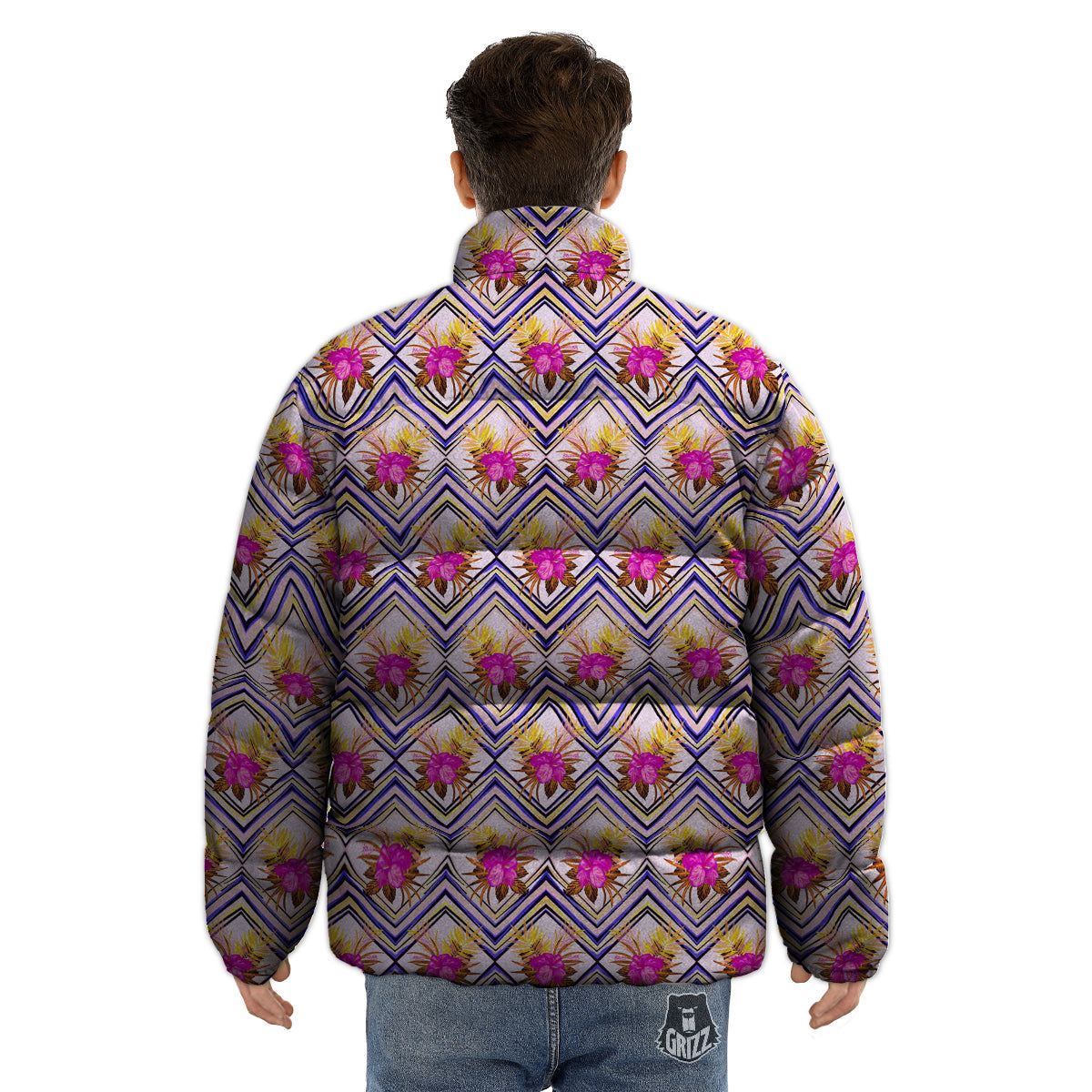 Watercolor Tropical Flower Zigzag Print Pattern Puffer Jacket-grizzshop