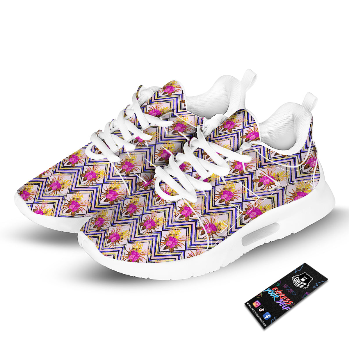 Watercolor Tropical Flower Zigzag Print Pattern Tennis Shoes-grizzshop