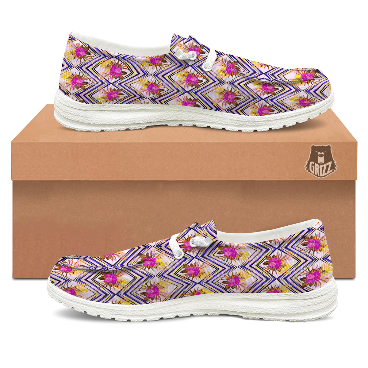 Watercolor Tropical Flower Zigzag Print Pattern White Loafers-grizzshop