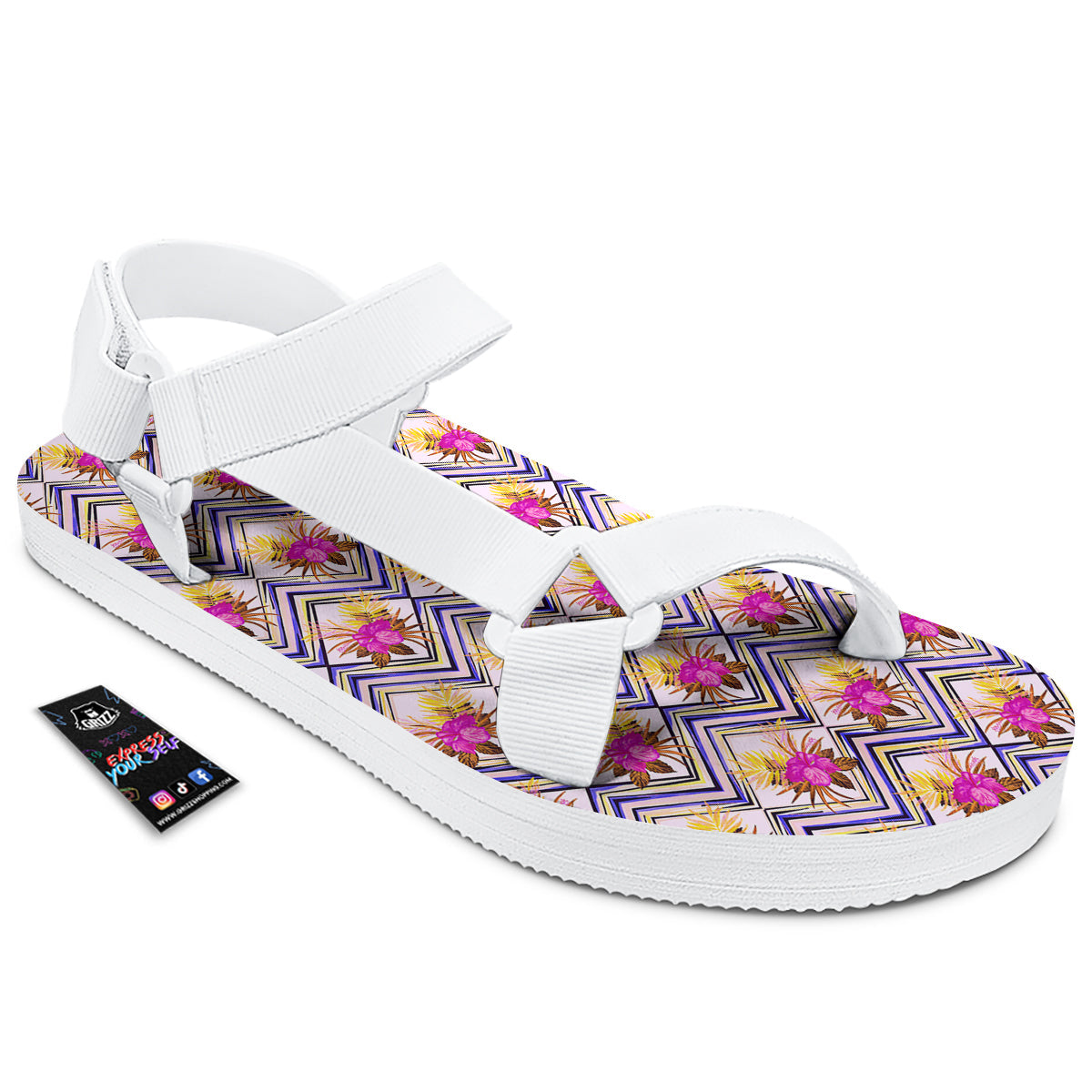 Watercolor Tropical Flower Zigzag Print Pattern White Open Toe Sandals-grizzshop