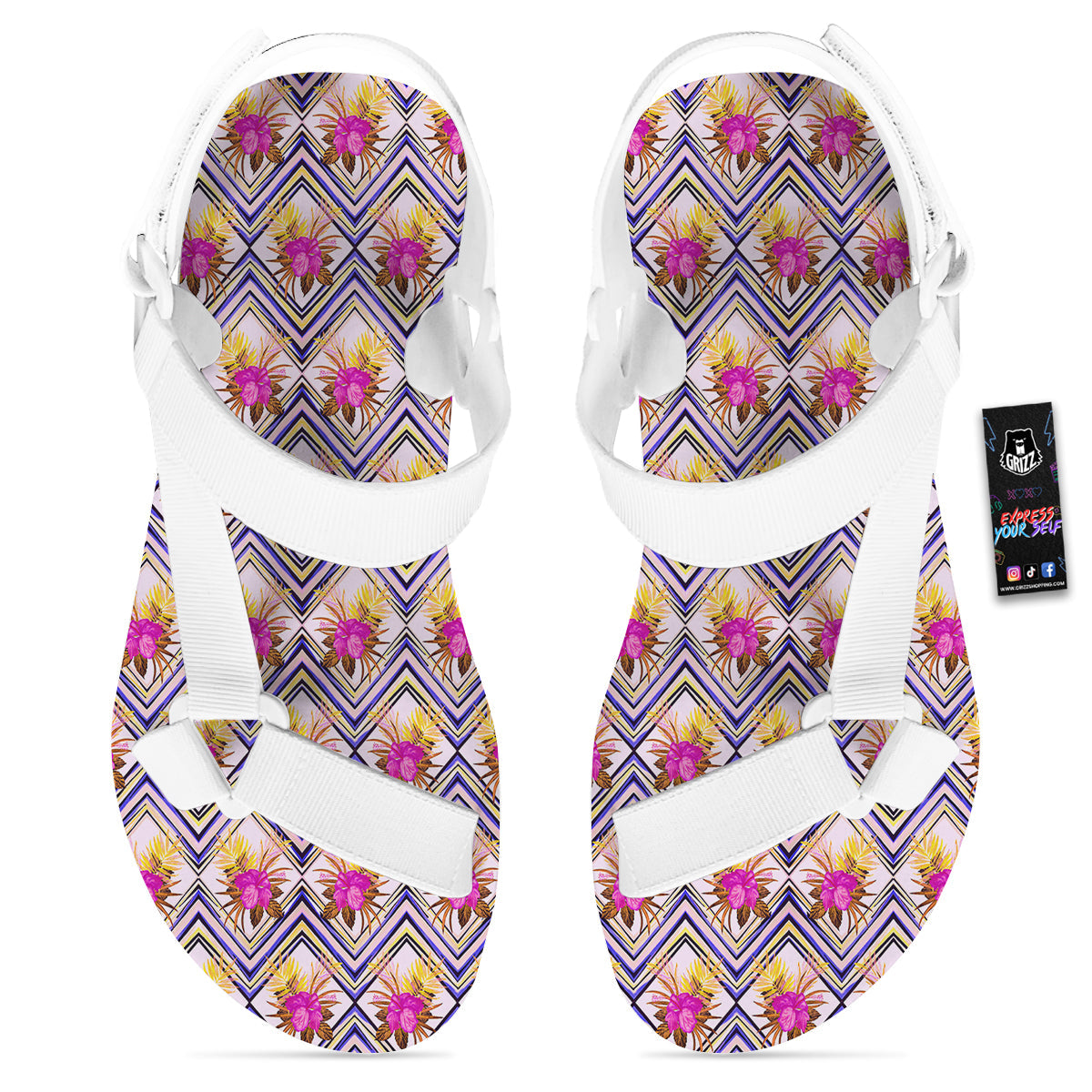 Watercolor Tropical Flower Zigzag Print Pattern White Open Toe Sandals-grizzshop