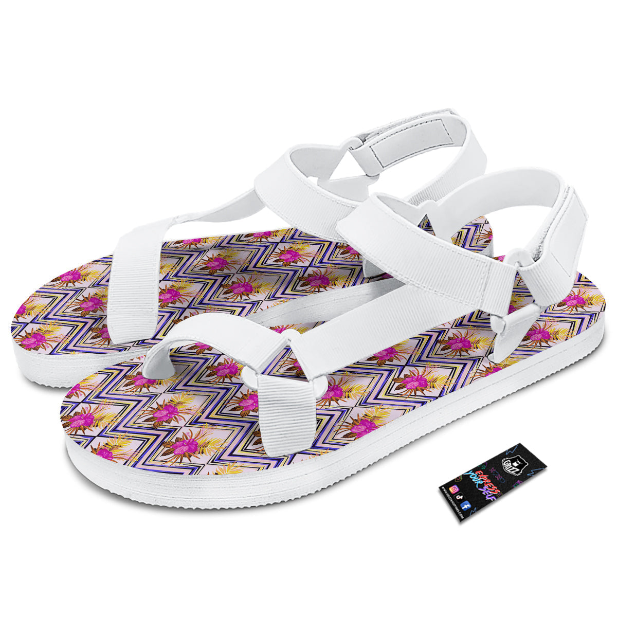 Watercolor Tropical Flower Zigzag Print Pattern White Open Toe Sandals-grizzshop