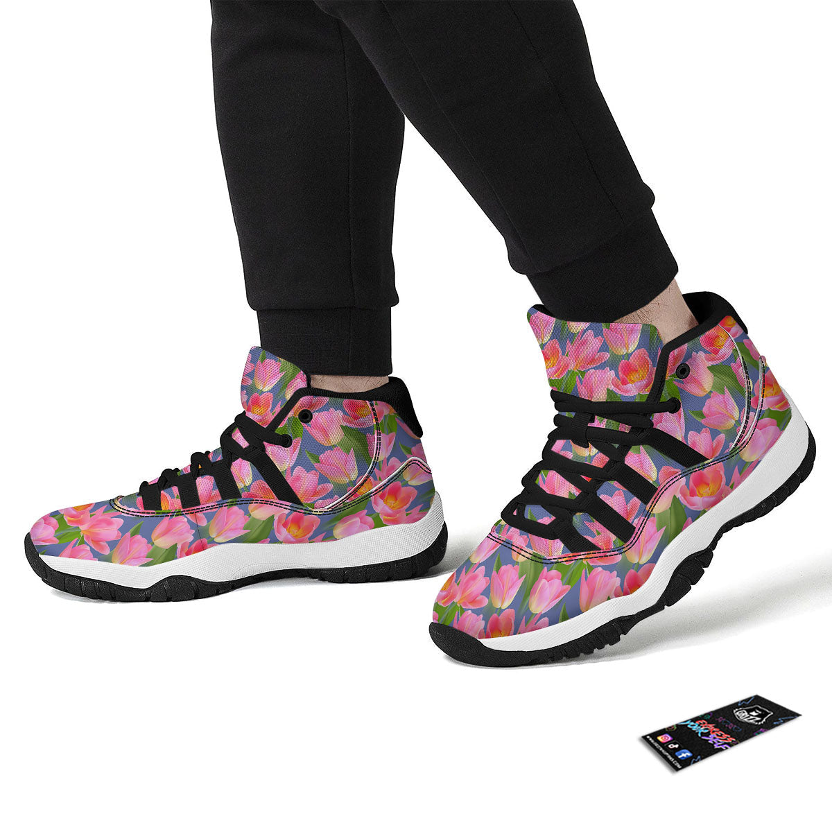 Watercolor Tulip Pink Print Pattern Black Bball Shoes-grizzshop