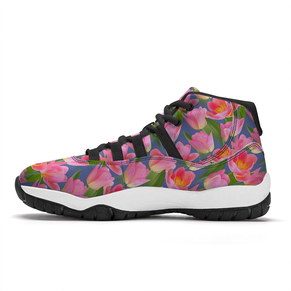 Watercolor Tulip Pink Print Pattern Black Bball Shoes-grizzshop