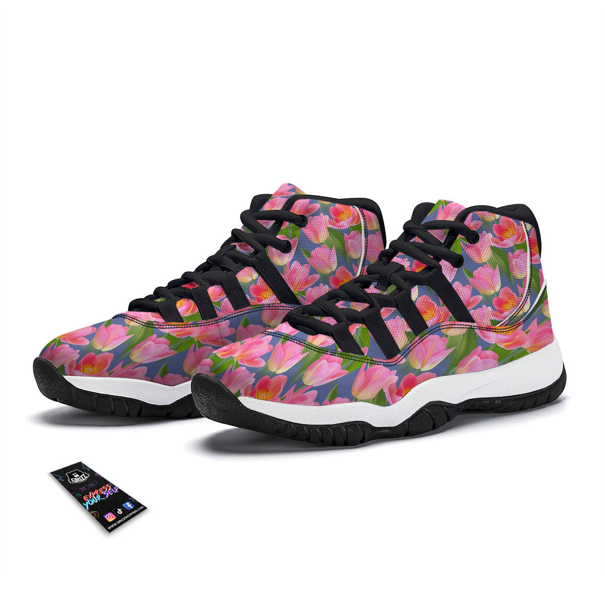 Watercolor Tulip Pink Print Pattern Black Bball Shoes-grizzshop