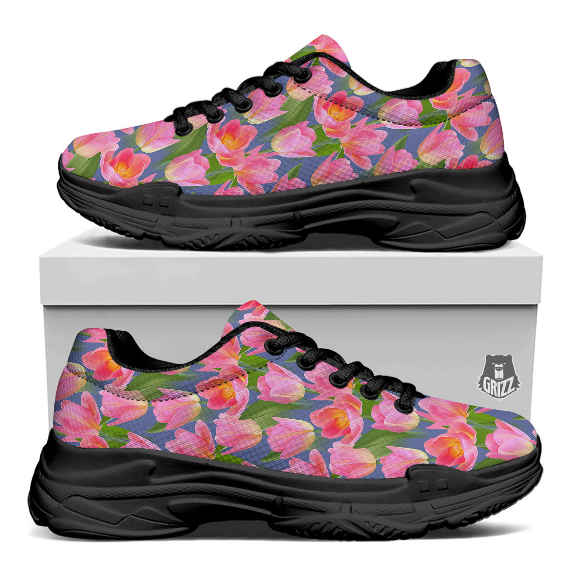 Watercolor Tulip Pink Print Pattern Black Chunky Shoes-grizzshop