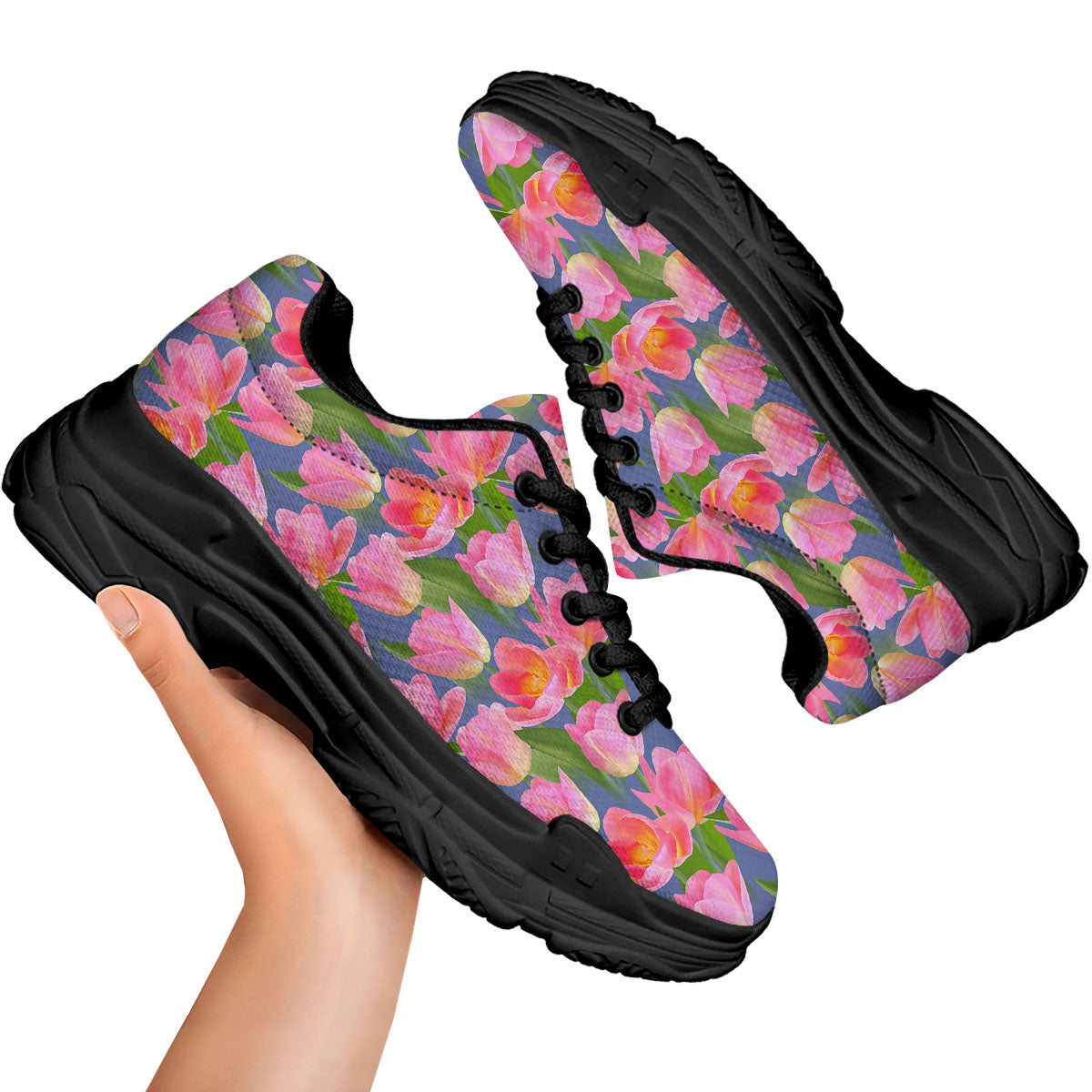 Watercolor Tulip Pink Print Pattern Black Chunky Shoes-grizzshop