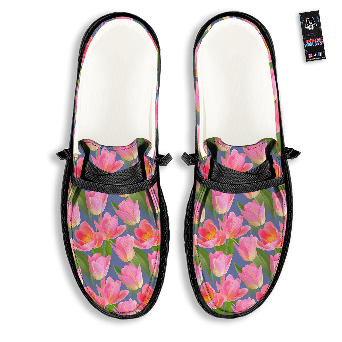 Watercolor Tulip Pink Print Pattern Black Loafers-grizzshop