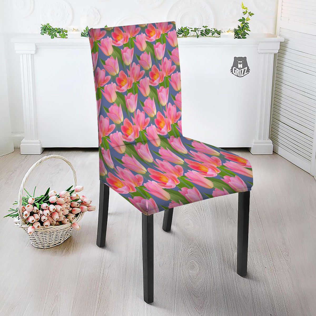 Watercolor Tulip Pink Print Pattern Dining Chair Slipcover-grizzshop
