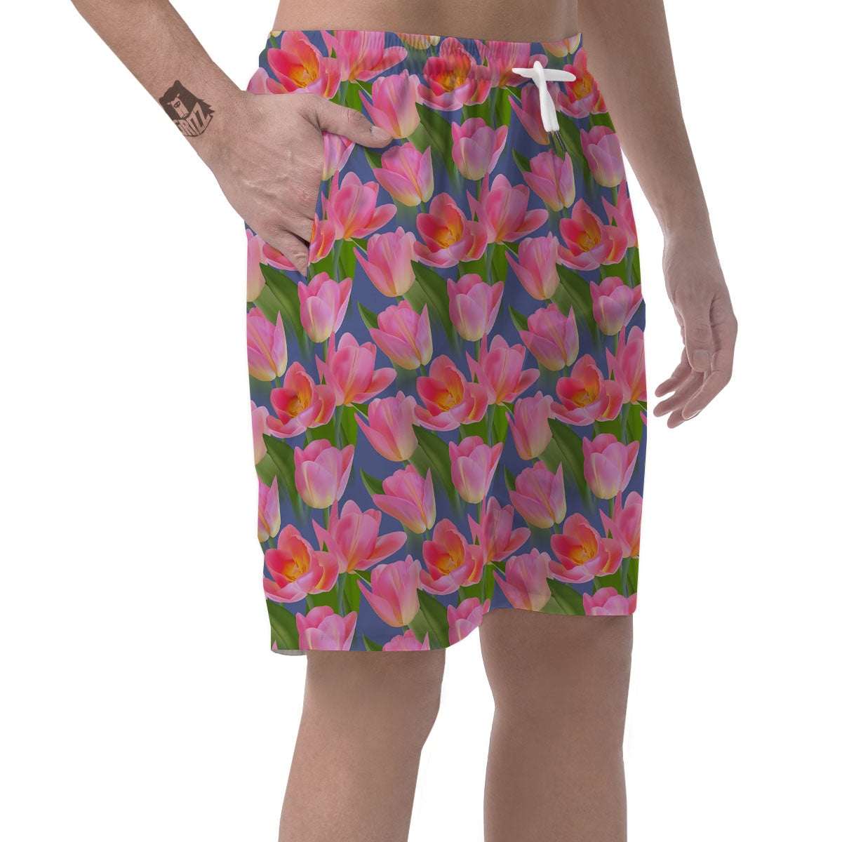 Watercolor Tulip Pink Print Pattern Men's Shorts-grizzshop