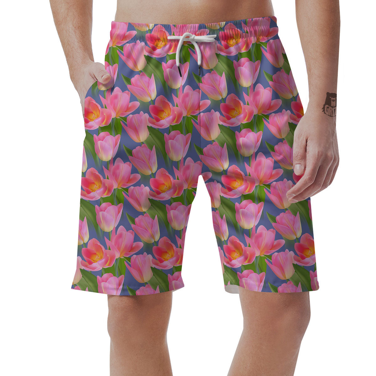 Watercolor Tulip Pink Print Pattern Men's Shorts-grizzshop