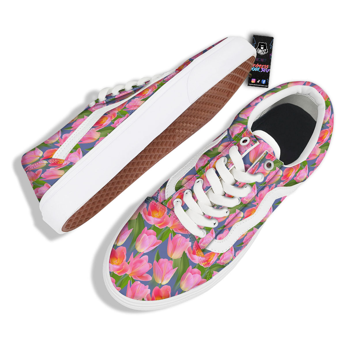 Watercolor Tulip Pink Print Pattern Skate Shoes-grizzshop