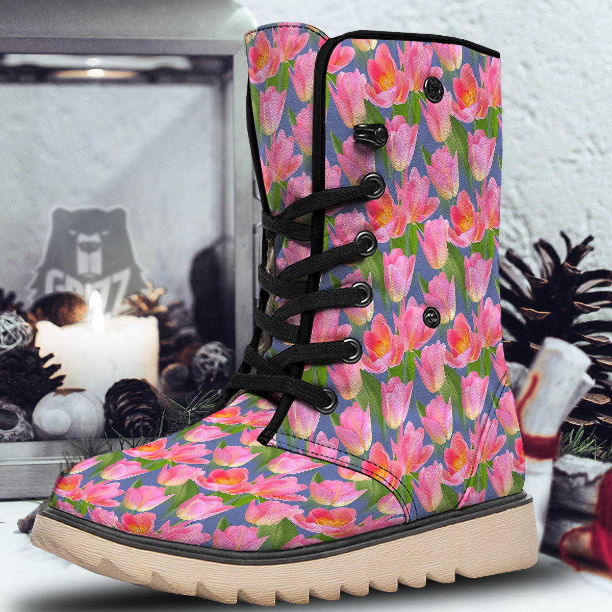 Watercolor Tulip Pink Print Pattern Snow Boots-grizzshop