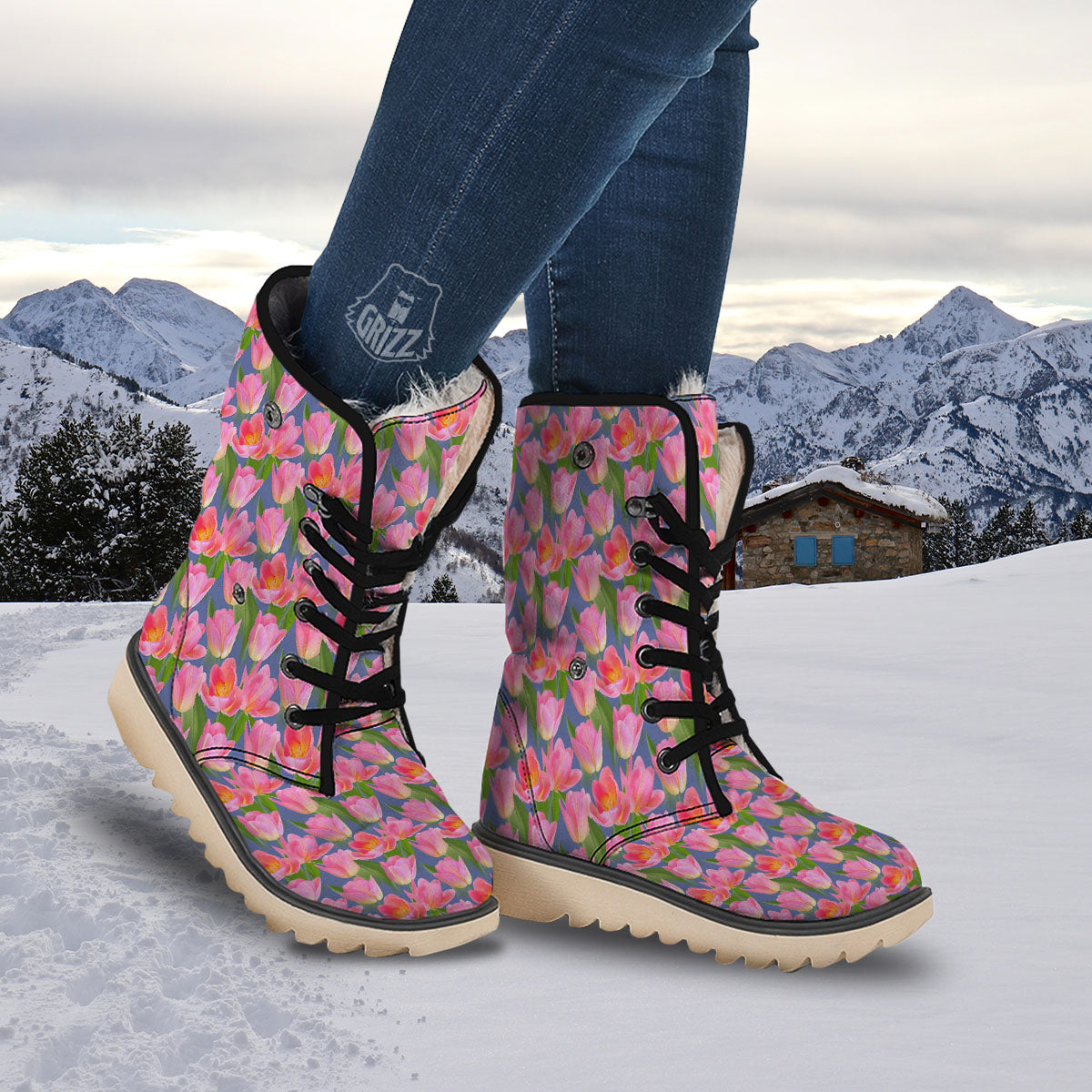 Watercolor Tulip Pink Print Pattern Snow Boots-grizzshop