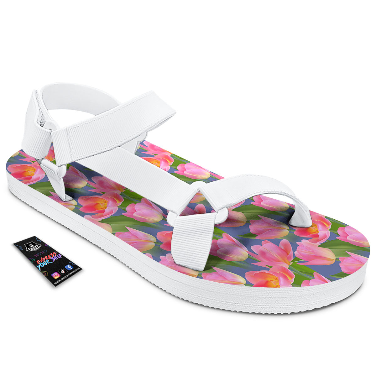 Watercolor Tulip Pink Print Pattern White Open Toe Sandals-grizzshop
