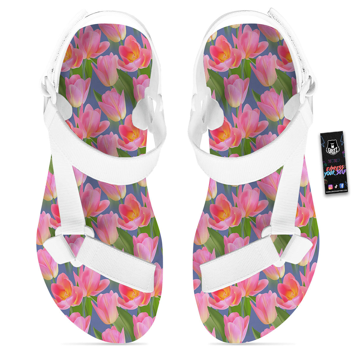 Watercolor Tulip Pink Print Pattern White Open Toe Sandals-grizzshop