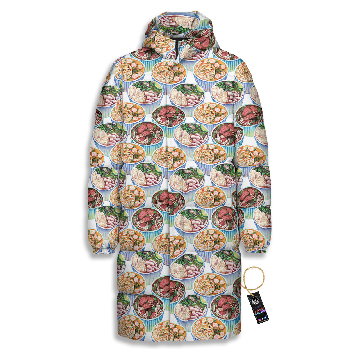 Watercolor Vietnamese Pho Print Pattern Long Down Jacket-grizzshop