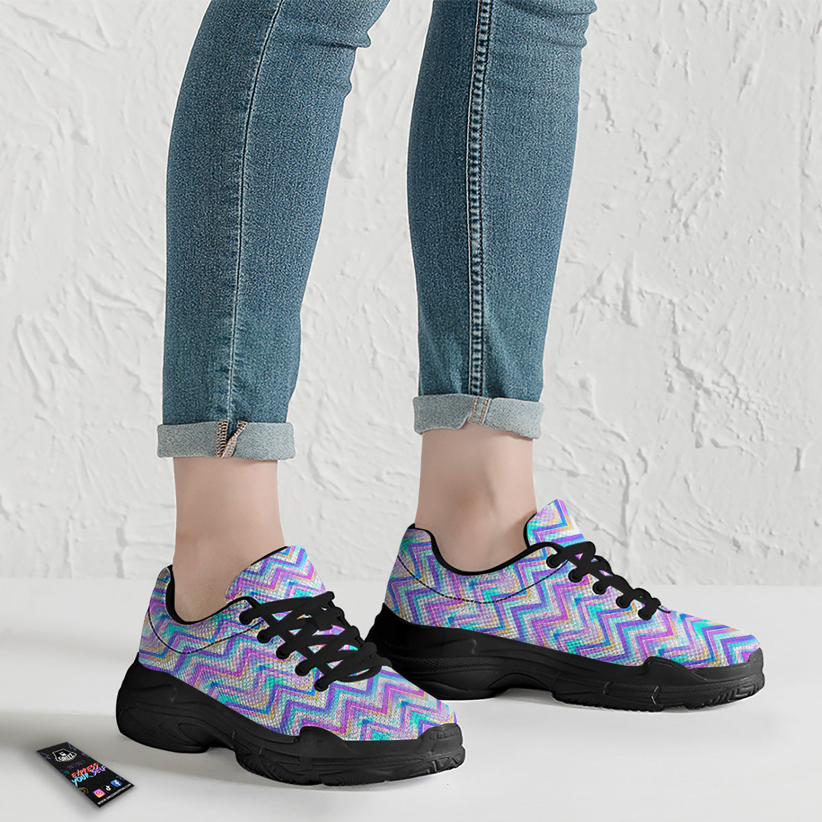 Watercolor Zig Zag Ornament Print Pattern Black Chunky Shoes-grizzshop