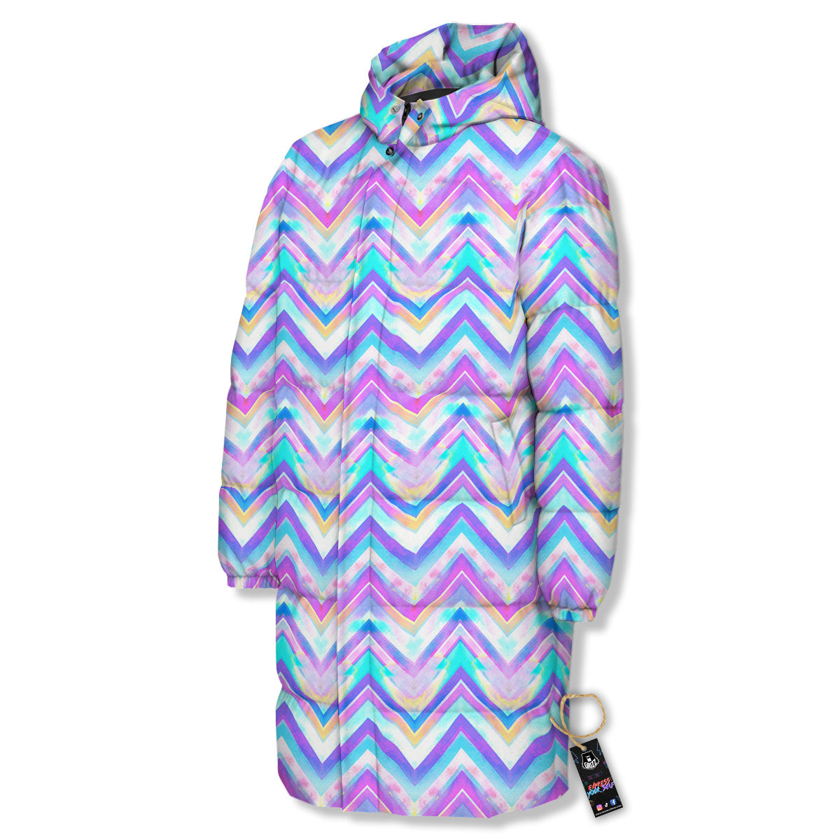 Watercolor Zig Zag Ornament Print Pattern Long Down Jacket-grizzshop