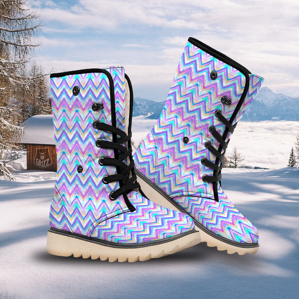 Watercolor Zig Zag Ornament Print Pattern Snow Boots-grizzshop
