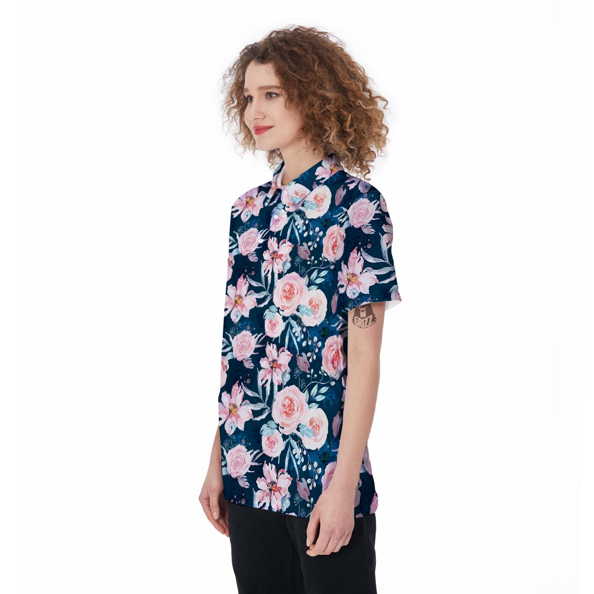 Watercolor Pink Rose Floral Women's Golf Shirts-grizzshop