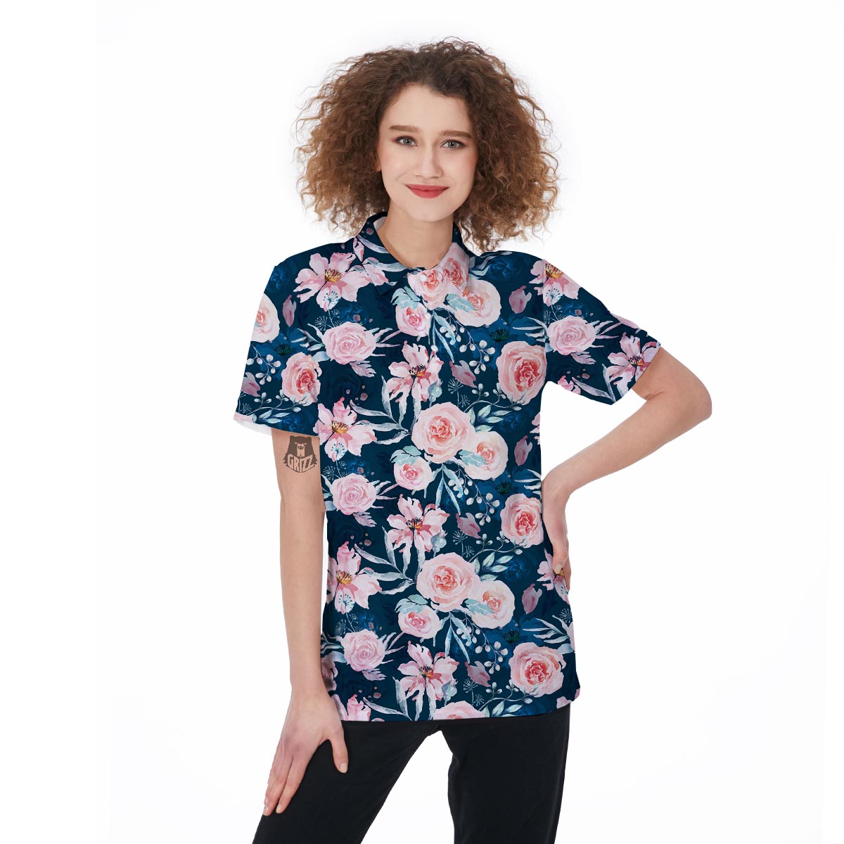 Watercolor Pink Rose Floral Women's Golf Shirts-grizzshop