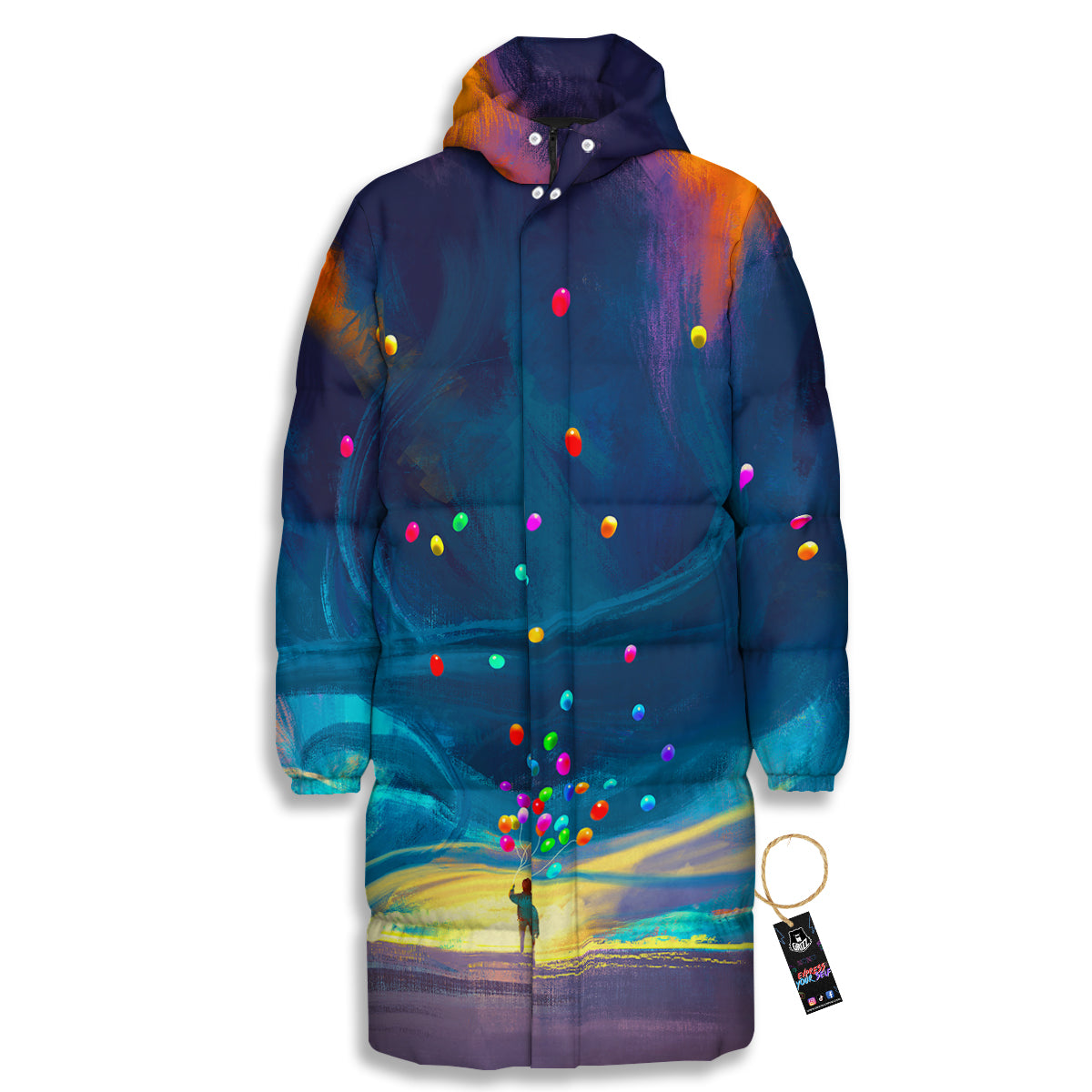 Watercolor Balloons And Storm Print Long Down Jacket