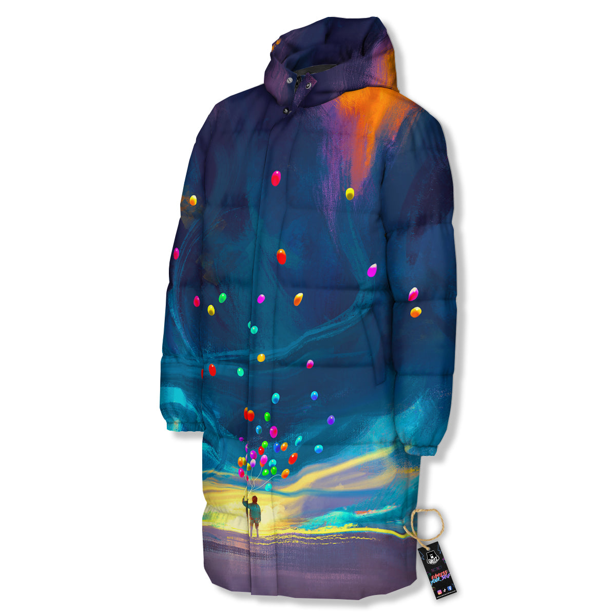 Watercolor Balloons And Storm Print Long Down Jacket