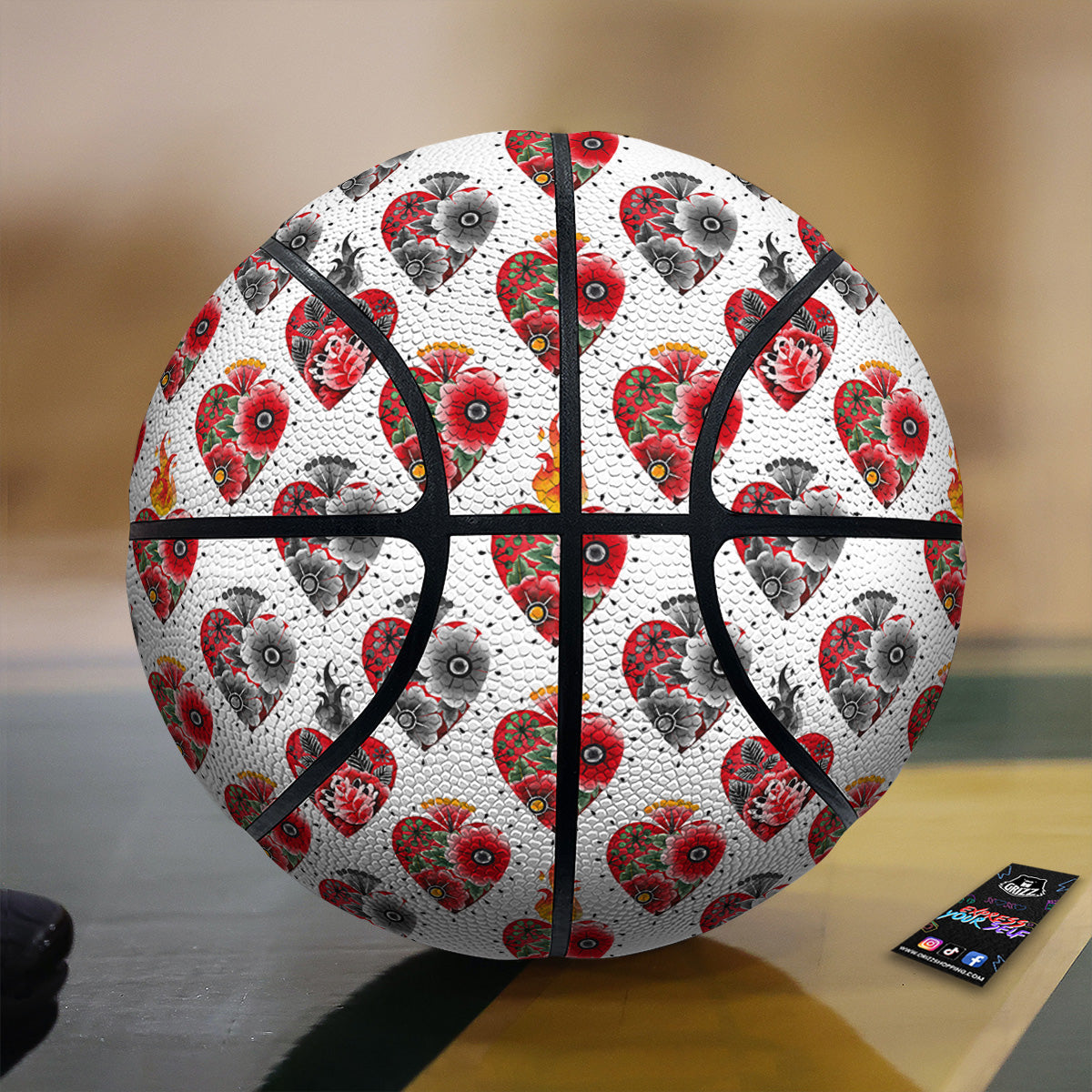Watercolor Flaming Heart Tattoo Print Pattern Basketball