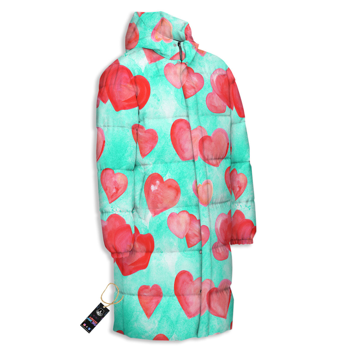 Watercolor Heart Teal And Pink Print Long Down Jacket