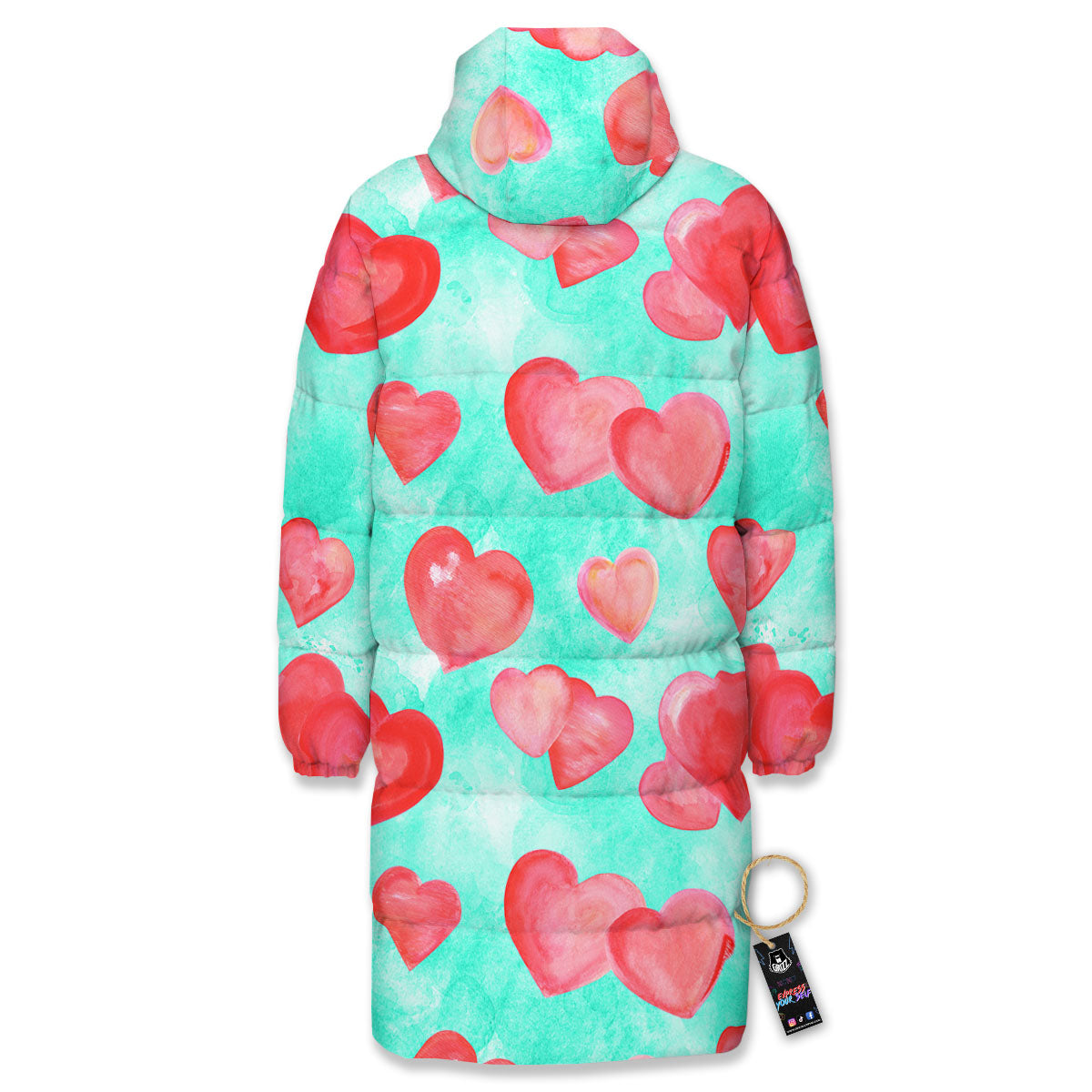 Watercolor Heart Teal And Pink Print Long Down Jacket