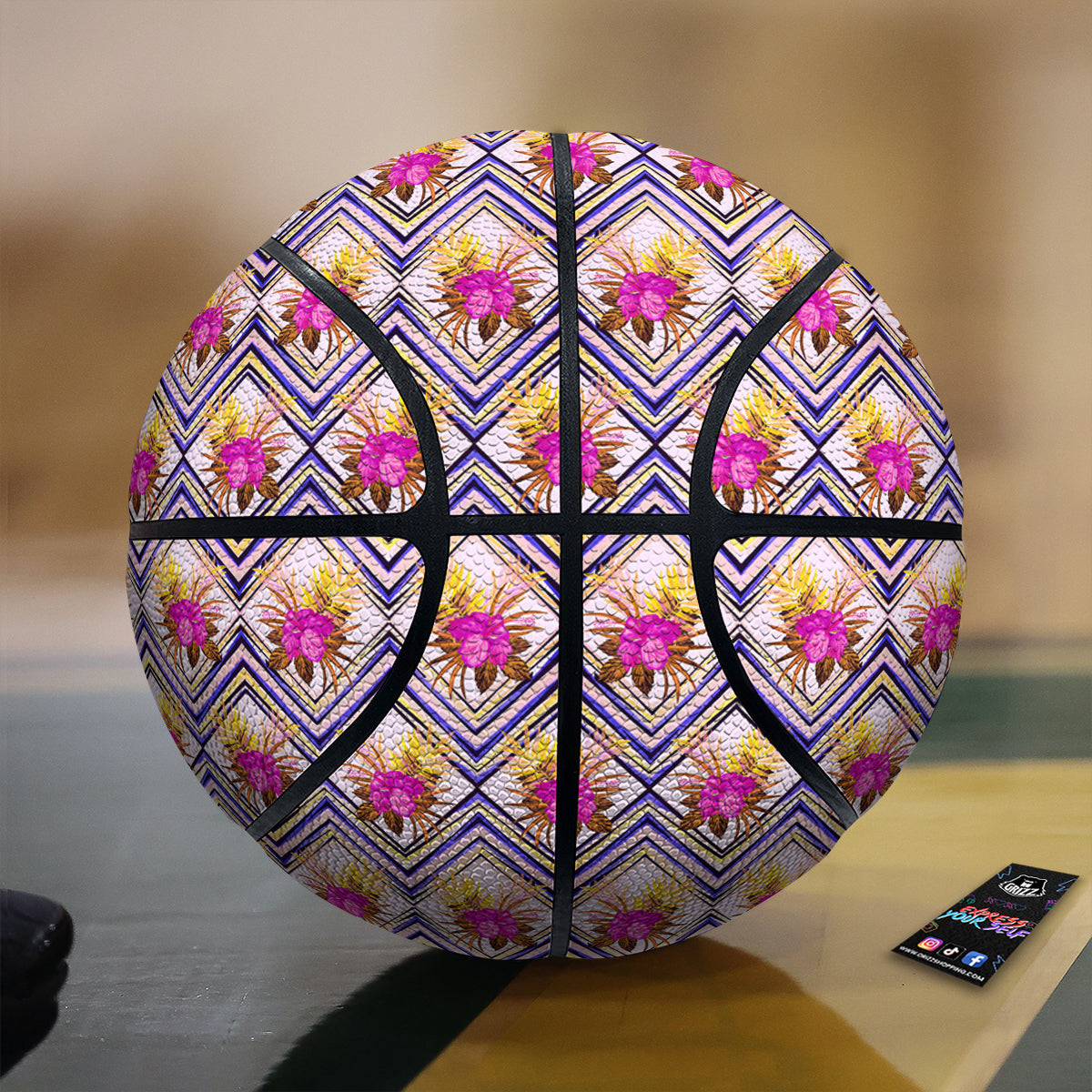 Watercolor Tropical Flower Zigzag Print Pattern Basketball