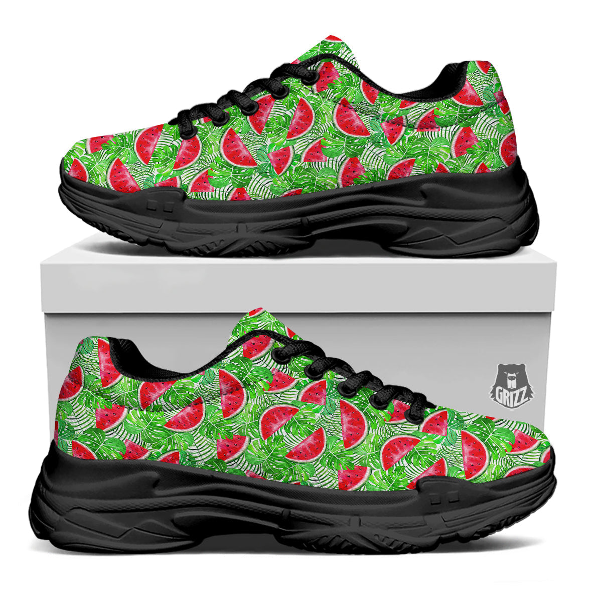 Watermelon Aloha Tropical Print Pattern Black Chunky Shoes-grizzshop