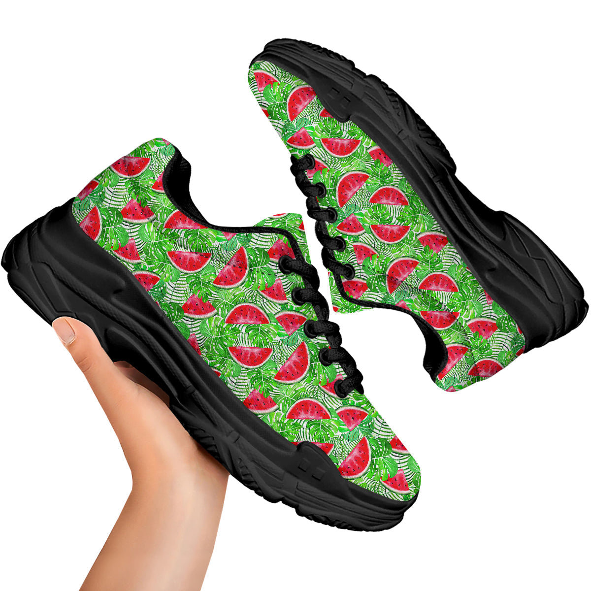 Watermelon Aloha Tropical Print Pattern Black Chunky Shoes-grizzshop