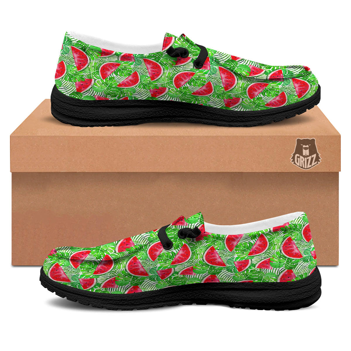 Watermelon Aloha Tropical Print Pattern Black Loafers-grizzshop