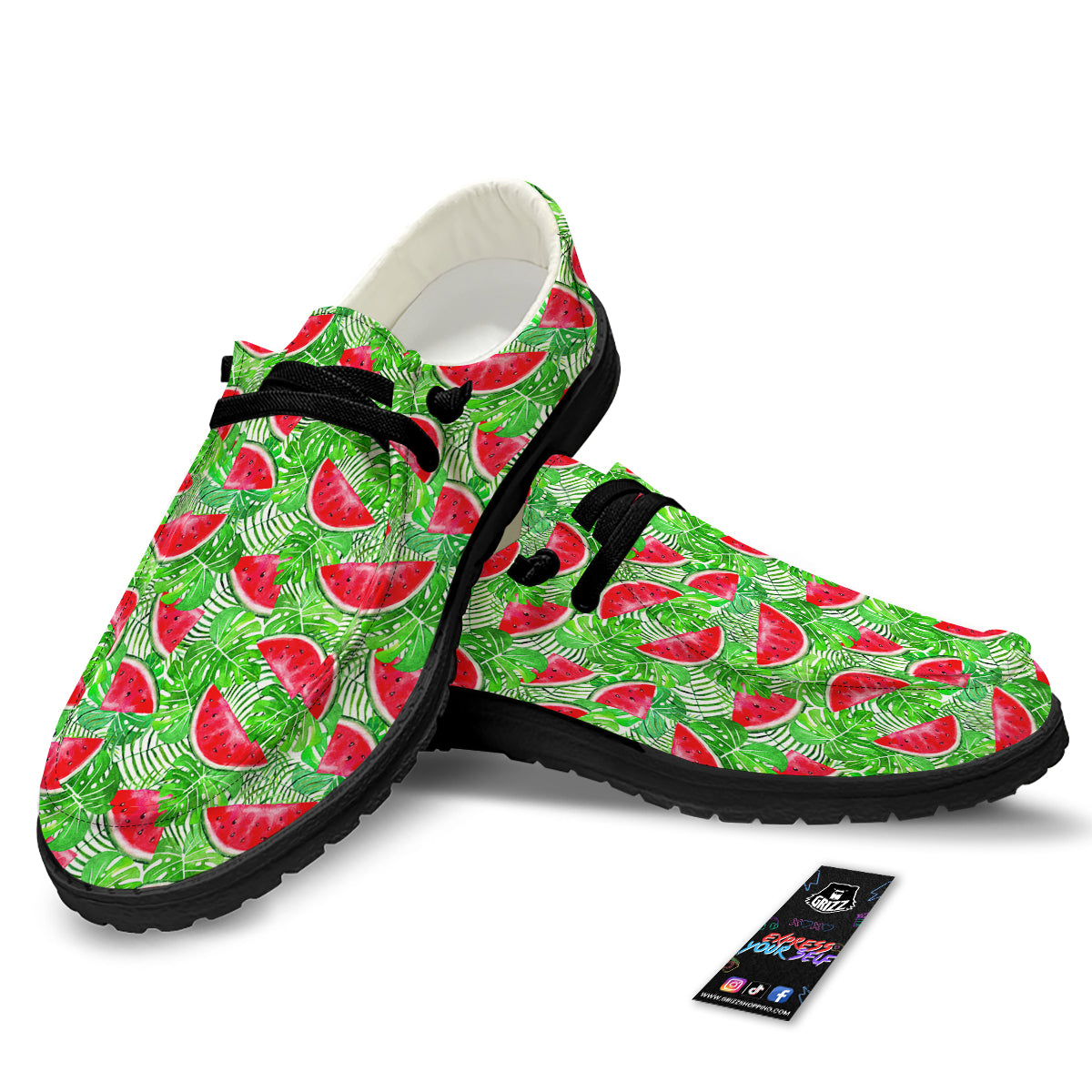 Watermelon Aloha Tropical Print Pattern Black Loafers-grizzshop