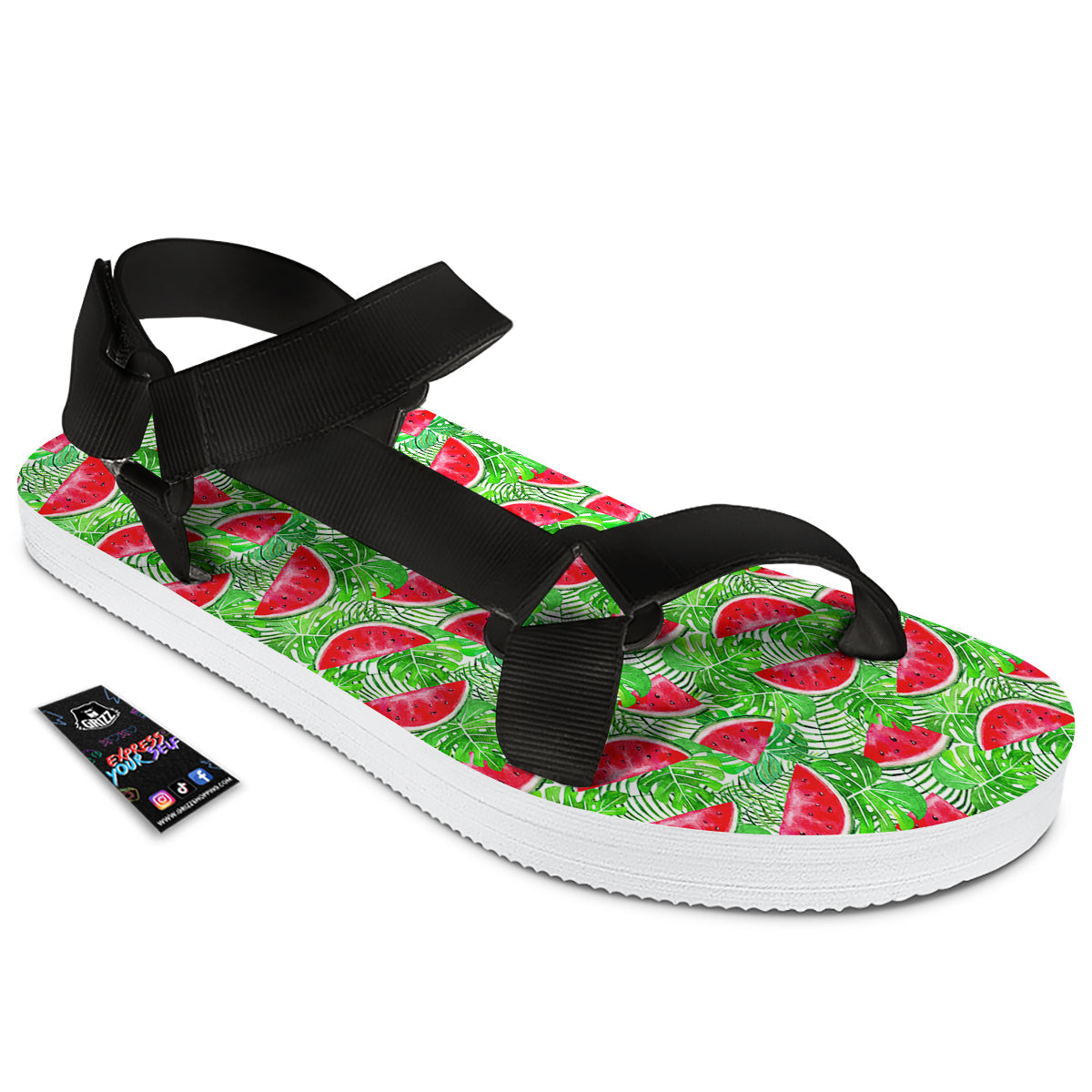 Watermelon Aloha Tropical Print Pattern Black Open Toe Sandals-grizzshop